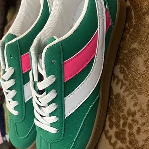 Green and Pink Sneakers with White Accents